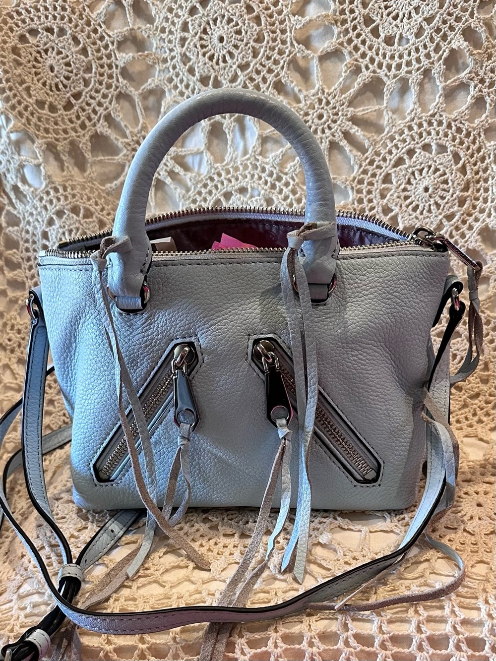 Rebecca Minkoff Micro Moto Satchel Light Blue Pebbled Leather Crossbody